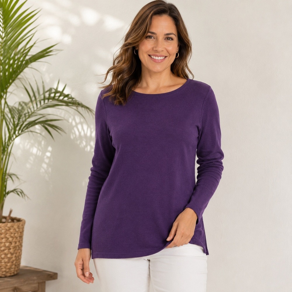 J. Jill Purple Cotton Blend Boat Neck Long‎ Sleeve Tunic Sweater Womens Medium